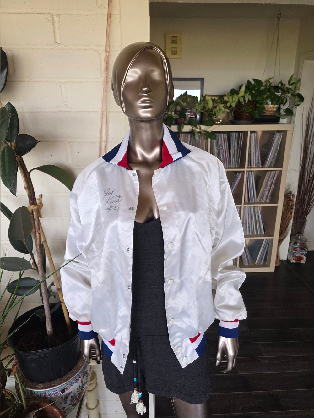 White Satin Bomber Jacket with Red & Blue Trim